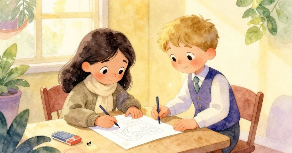 薩布麗娜與奧利弗在柔和黃光下合作固定追蹤紙，旁邊低語的晚列車聲營造出寧靜氛圍。