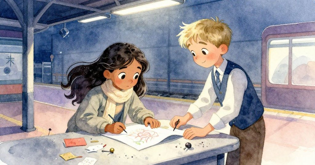 薩布麗娜與奧利弗因突然的陣風驚慌失措，海報皺摺散落，銅釘飛散，情緒激動。