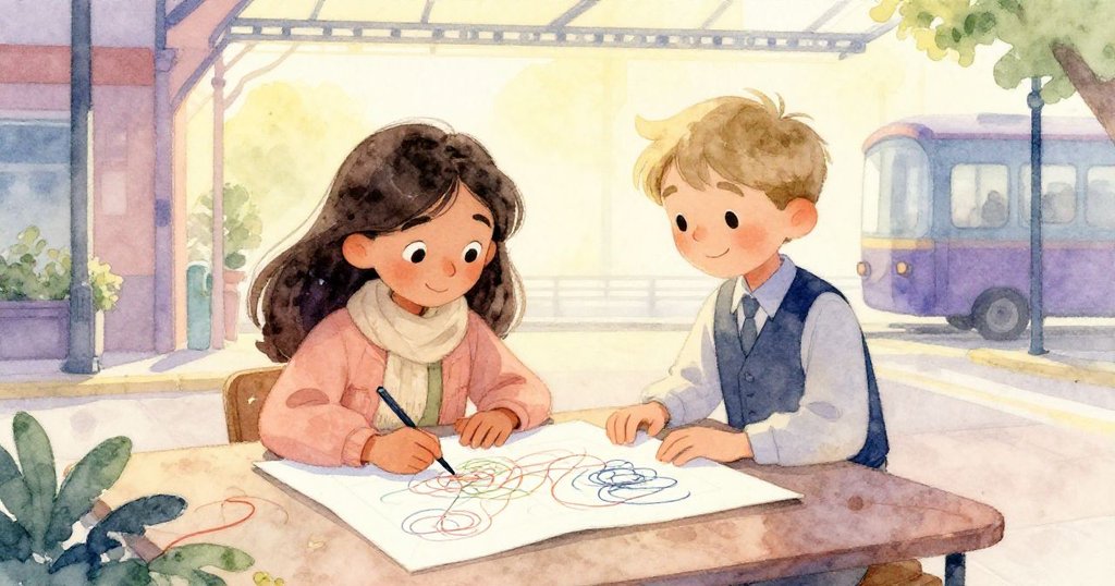 薩布麗娜與奧利弗在柔和黃光下滿意微笑，桌上整齊釘好的追蹤紙與彩線交錯，故事恢復平靜。