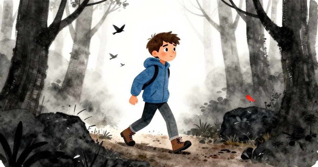 喬納斯在晨光薄霧中踏上狹窄小徑,鳥鳴與動物圍繞,臉上滿含期待與興奮,展開奇幻冒險。