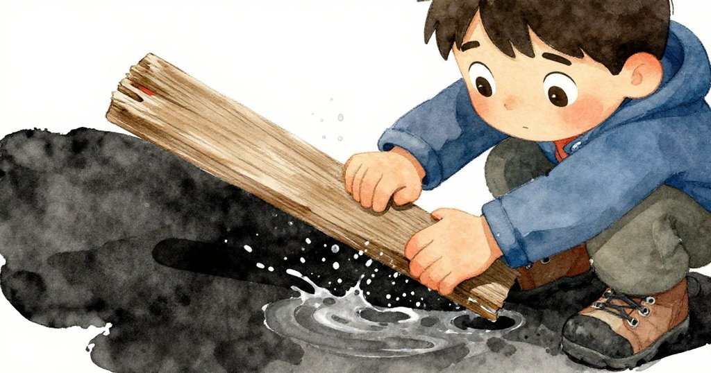 喬納斯蹲在破敗木板前,專注用手敲擊板面,水珠飛濺映出濕潤質感,充滿探索與細膩情感。