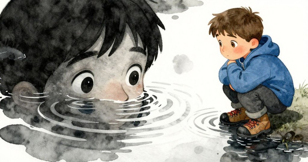 喬納斯凝視著岩石擾動出水面漣漪,神情專注,從水中反射出微妙靈感,展現自然美學與思索。