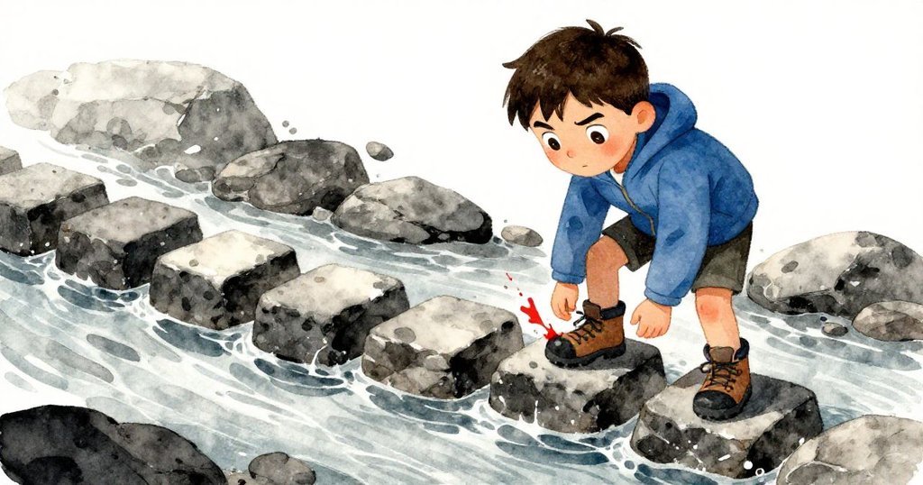 喬納斯在急流中仔細搭建石塊臨時步道,水流拍打著腳踝,動作謹慎而充滿智慧,展現堅毅精神。