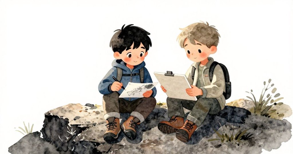 喬納斯與亞歷克斯在岩石懸崖上展示各自畫作,彼此微笑交流,共鳴藝術靈感,呈現溫暖友誼。