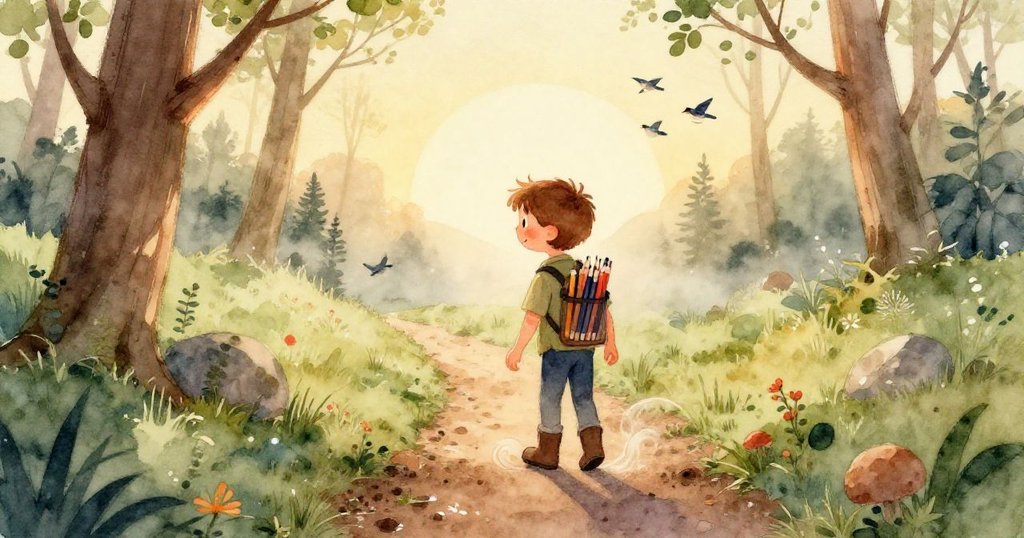 午後光影下兩個背包並排置於平石上,散落畫稿相互融合,象徵創意友誼達成了美滿結局。