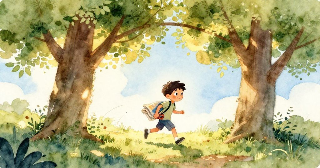 Mateo步入山頂公園入口, 與樹蔭拱門互動, 臉上流露期待與喜悅, 迎向晨光溫暖景致。