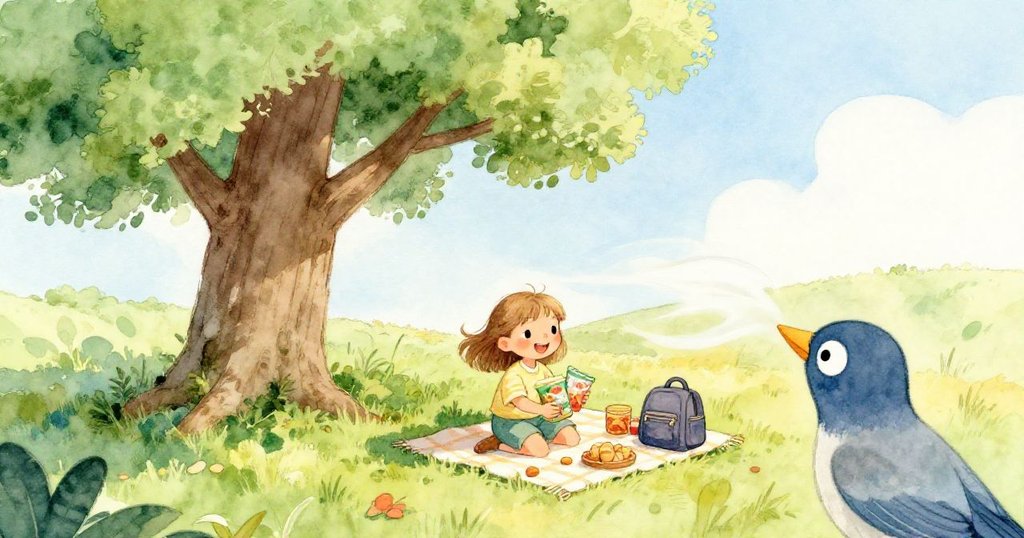 從小鳥視角看見Iris在老橡樹下擺放點心, 微風吹動毯子, 氣氛輕快, 自然元素生動展現。