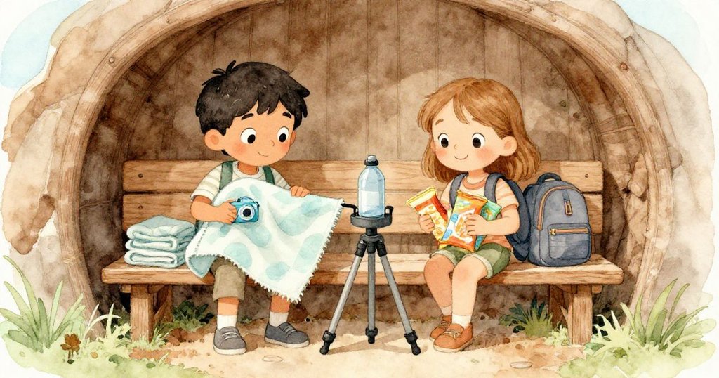 在長椅後隱蔽角落, Mateo與Iris合力用水瓶固定毯子與腳架, 表情專注, 營造溫馨、安全感。