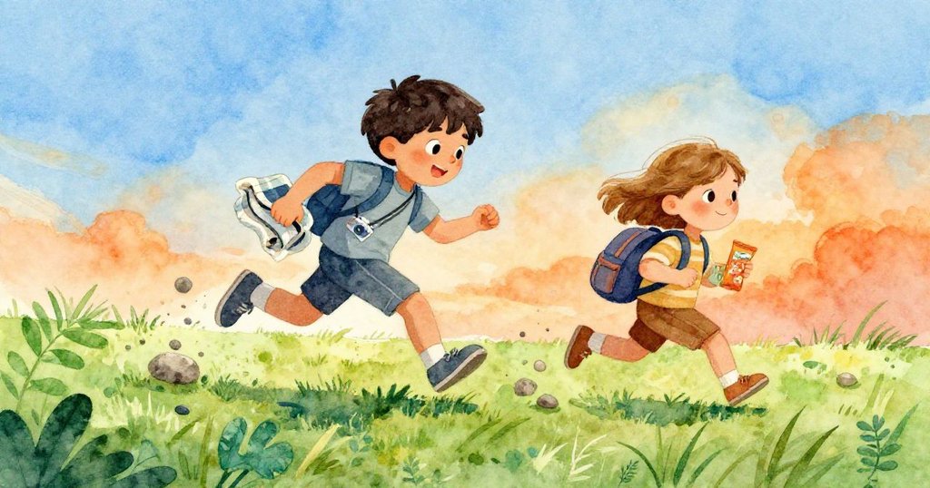 小孩奔向毯子, 石子四散飛揚, Mateo迅速護住Iris, 動感場面中流露關愛與果斷。