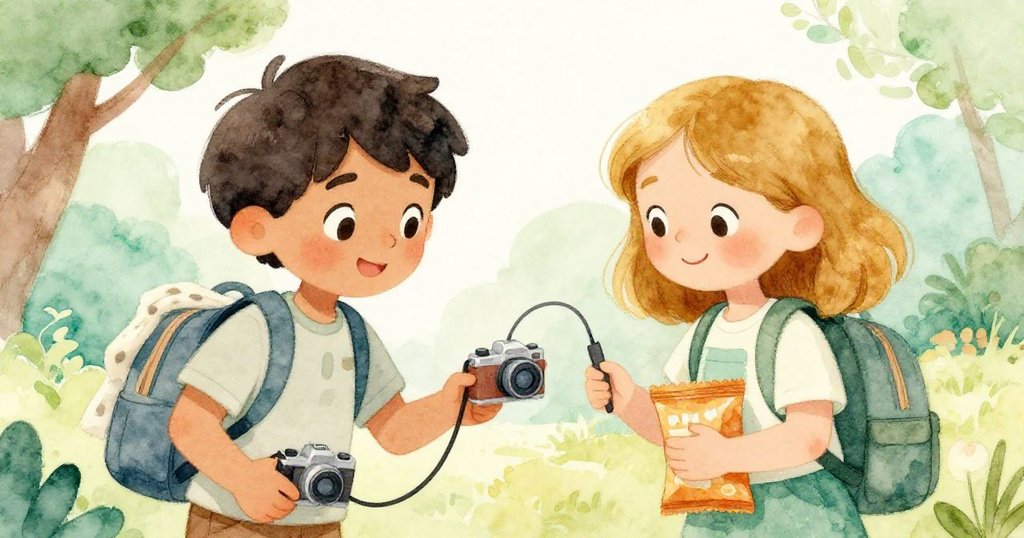 Iris溫柔將電源線交給Mateo, 兩人合作喚醒相機, 臉上充滿喜悅與感激, 晨光映照下暖意融融。