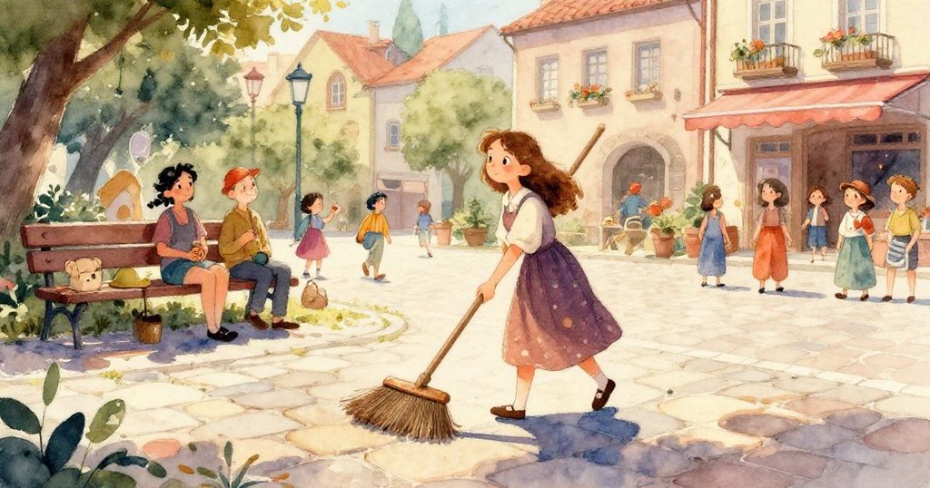 米拉用力按下回收車踏板，金屬蓋在晨光中發出尖銳聲響，顯現出她堅定的市民責任感。