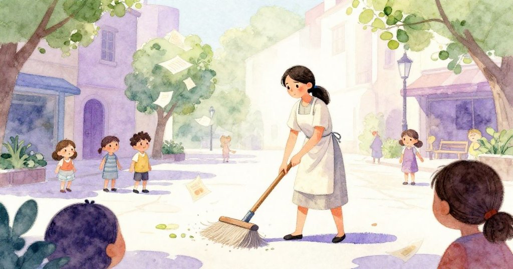 從門縫中望去，米拉正忙著清掃廣場，風中紙片飛舞，展現出她堅韌與專注的神情。