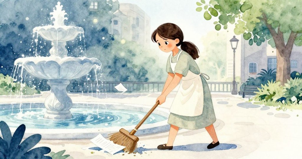 米拉在噴泉邊精心用掃帚撥動濕紙，陽光透過薄霧灑下，展現出充滿轉折與和諧的情景。