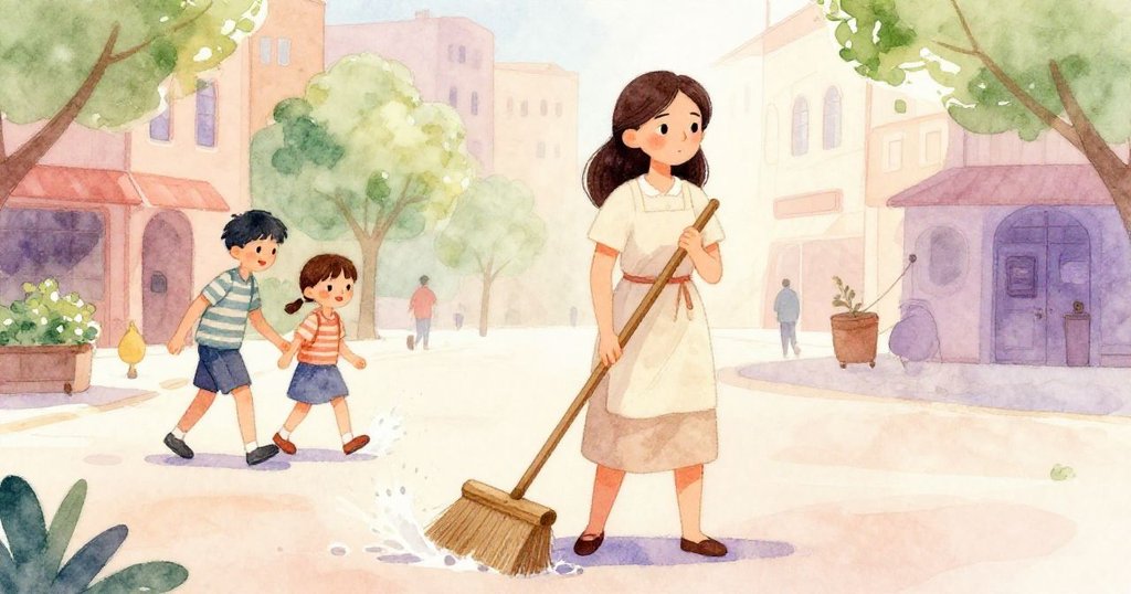 米拉與兩位行人在明亮的廣場上互動，彼此避開濺水，共同營造出溫暖且默契的市井氛圍。