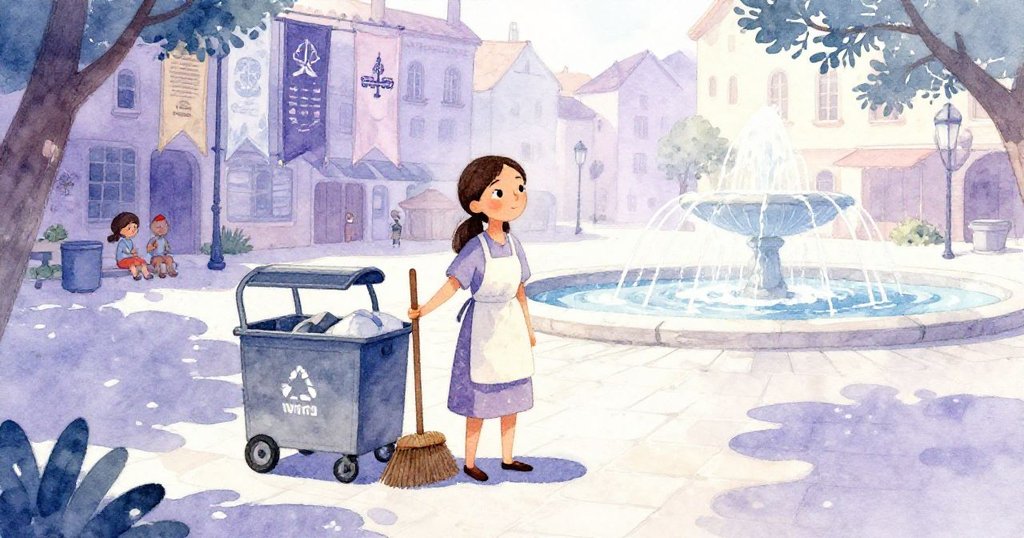 米拉在平靜的廣場上微笑休息，掃帚靜靠回收車，噴泉與掛著懸舉橫幅的背景呈現出和諧的結局。