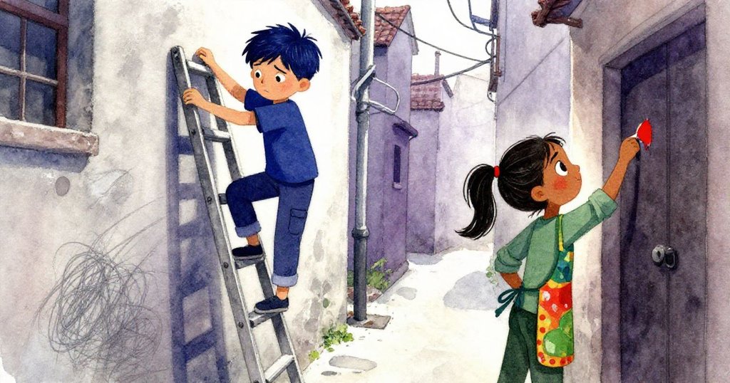 米洛在狹巷搖晃梯子上努力攀爬，莉亞於牆邊滾塗新底漆，晨光中展現專注與期盼情緒。