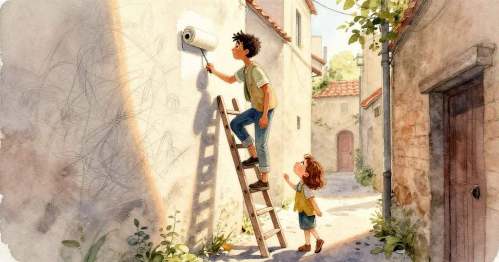 莉亞聚精會神地用畫筆蘸取鮮豔油彩，展露巧手創作於城市牆面的細膩過程和決心。