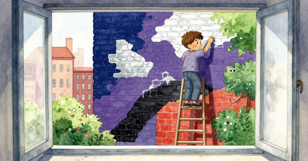 透過開窗眺望，米洛在梯上努力揮灑色彩，牆面創作逐步展現充滿好奇與專注的城市情景。