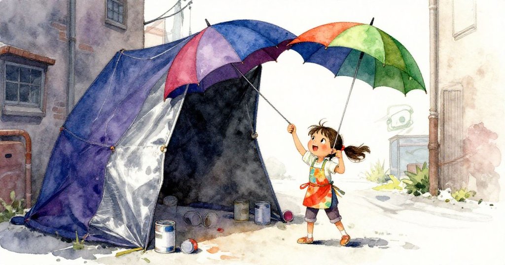 莉亞在自製傘棚中調整歪斜傘與散落油漆罐，風中流露歡笑與創意，展現巧思與活力。