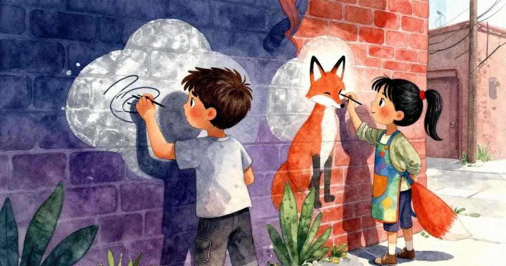 米洛與莉亞並肩合作修飾牆面狐狸圖案，專注互動中展現創作喜悅與團隊默契。