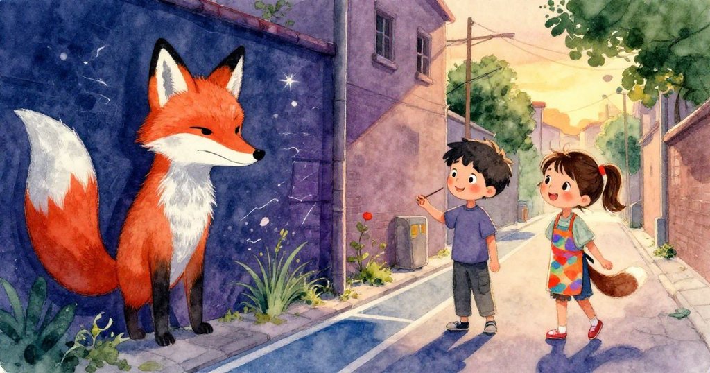 夕陽下，米洛與莉亞滿懷喜悅欣賞完成牆面狐狸圖案，溫馨小巷映出努力後的圓滿結局。