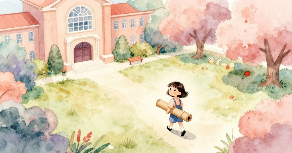 米婭在大學草坪上跨步前行，手持紙筒，從鳥瞰角度俯視全場，背景有石拱門，充滿期待與活力。