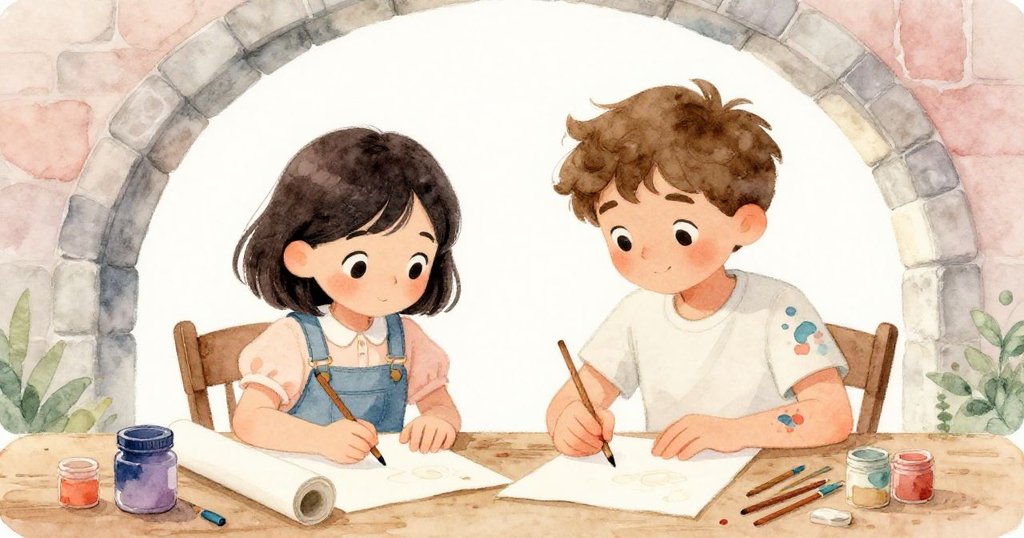 米婭與萊奧在石拱門下展開五彩紙張，桌上擺滿繪畫工具，兩人充滿創意與平靜互動。