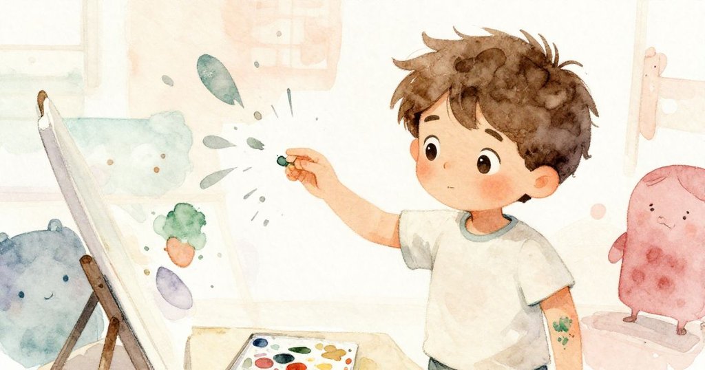 萊奧在高角度視角下驚見紙張角被風吹起，綠色顏料灑落其袖，他面露淡定驚訝之情。