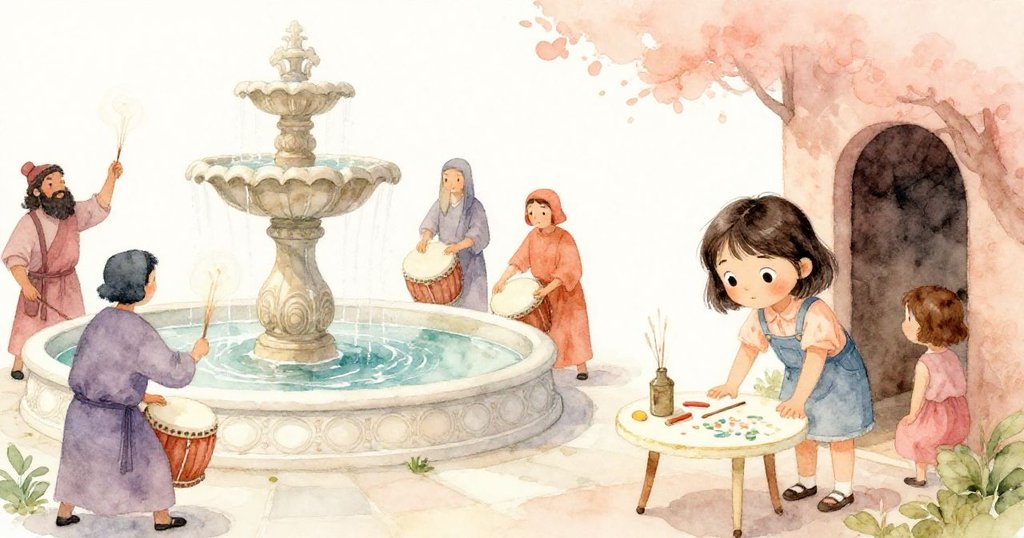 米婭正小心移動畫桌至隱蔽之處，背景中戲劇社成員於古噴泉旁擊鼓、香霧繚繞，氛圍神秘。