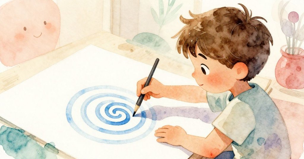 萊奧專注描繪藍色飛濺圖樣，將意外轉化為藝術創意，手部細節豐富，呈現發現驚喜瞬間。