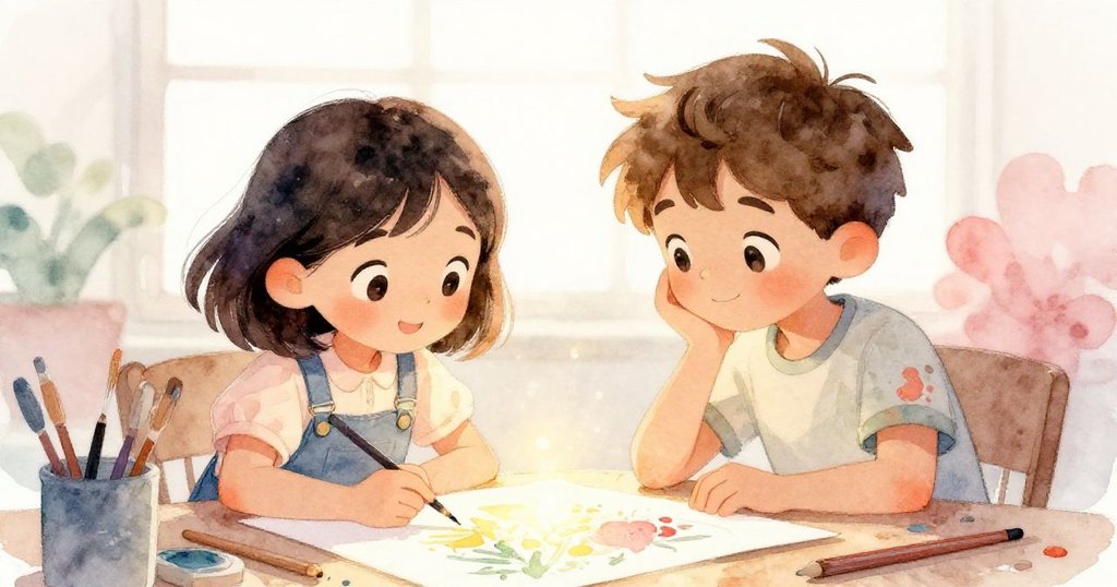 米婭與萊奧在夕陽下欣賞完成作品，互相微笑傳遞成就感，畫作鮮亮，溫馨氛圍洋溢全場。