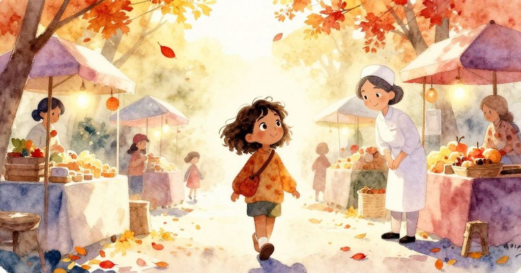 Maya在秋季市集中行走，她的身影在明亮背景下展現，環境充滿溫暖陽光和活潑市集氛圍，充滿期待與喜悅。