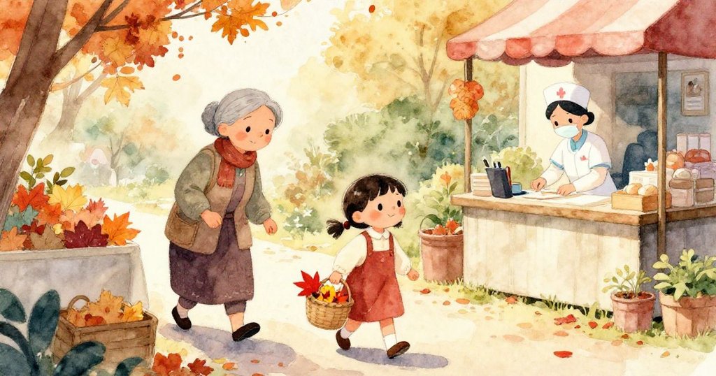 Maya專注持著小籃子，籃中盛滿鮮豔紅黃落葉，手部細緻描繪出秋天的藝術氣息與溫暖情感。