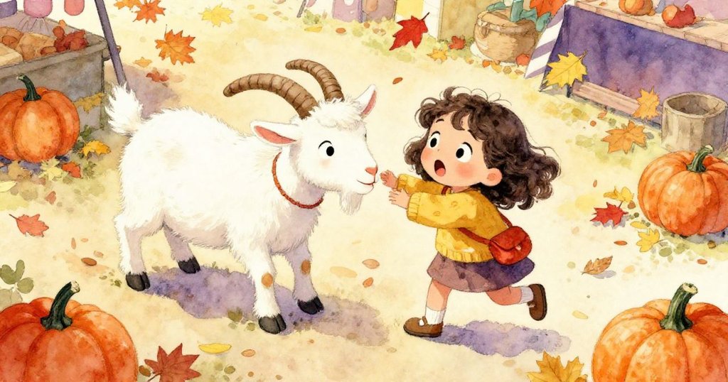 從高角度俯視，Maya被好奇的山羊輕觸手肘，紅黃落葉與南瓜在市集上翻飛，場面既生動又充滿驚喜。