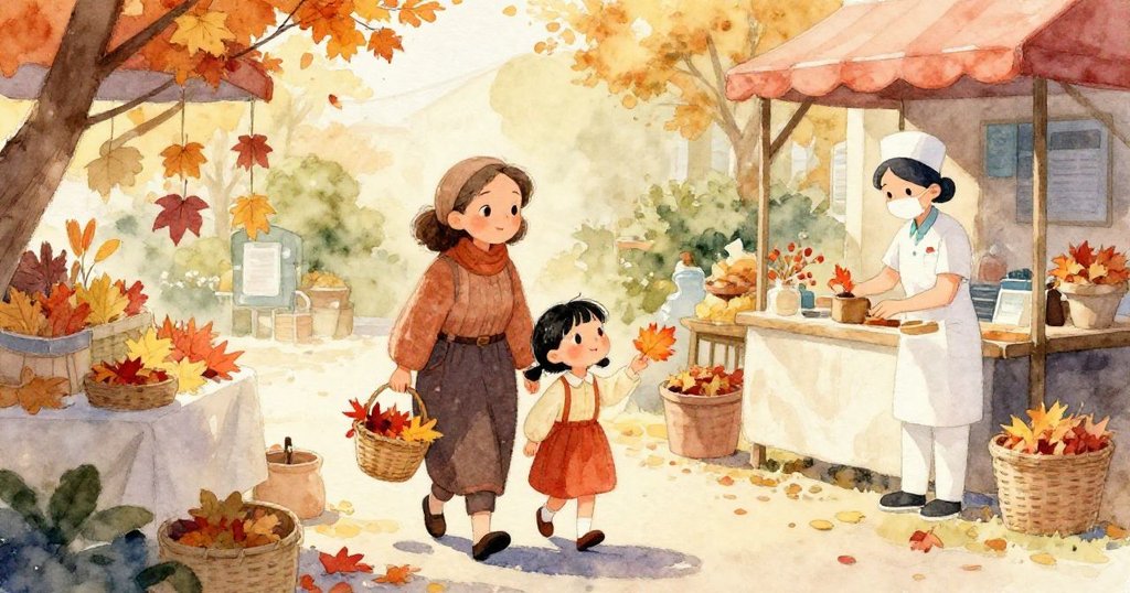 南瓜滾動撞破穀袋，乾玉米粒宛如金色微滴在市集上彈跳，畫面流動感強烈，呈現秋日意外的小奇觀。