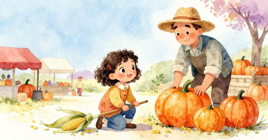 Maya蹲下用大樹葉掃拭散落玉米，友善農民扶穩南瓜，兩人互動協作，溫暖市集中展現真摯關懷與默契。