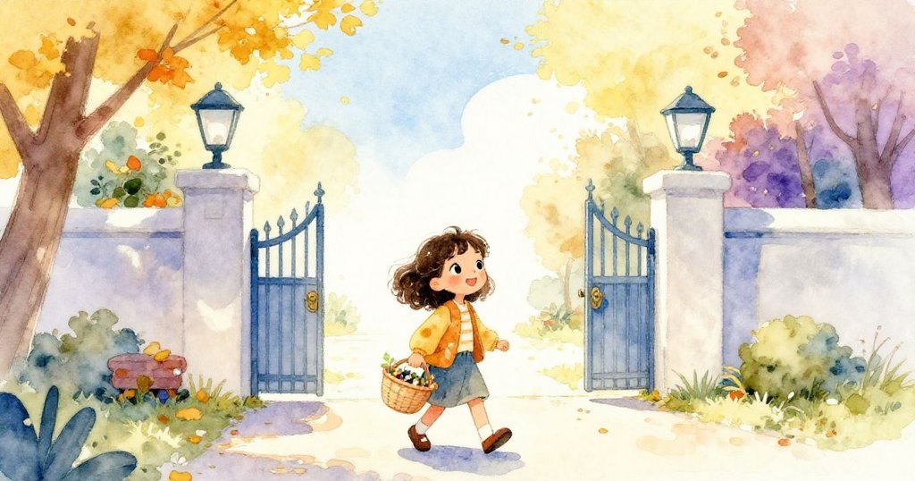 Maya提著閃耀籃子走向學校大門，臉上帶著平靜滿足微笑，背景是溫柔秋光與寧靜校園，結束忙碌冒險的一天。