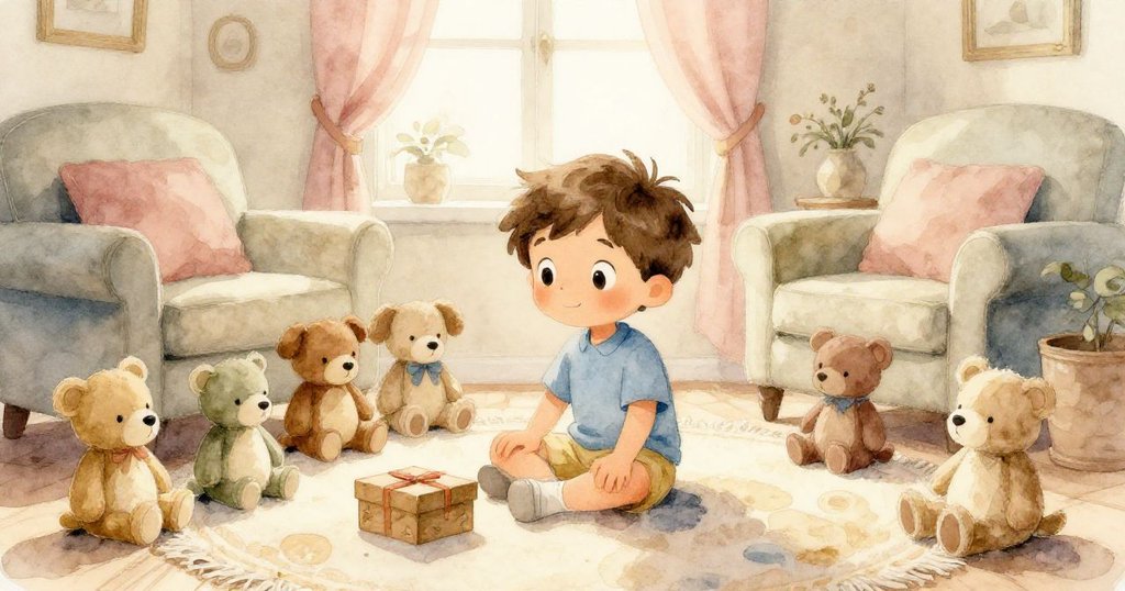 米洛坐在柔軟地毯上，周圍有許多毛絨玩具圍繞，臉上露出期待笑容，房間溫馨舒適。