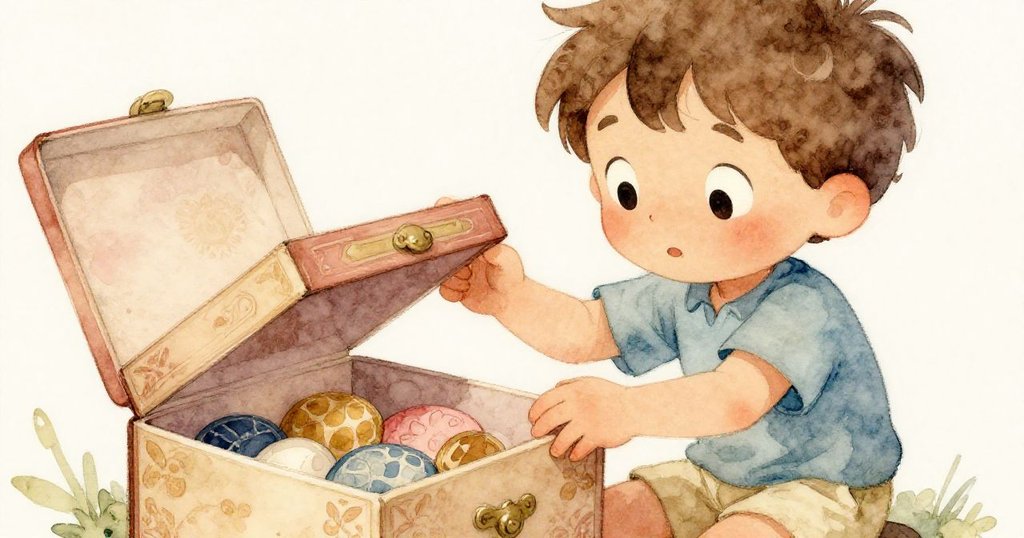 米洛專注地用手輕輕揭開盒子的蓋子，細緻呈現手部觸感和盒子質感，情緒專注。