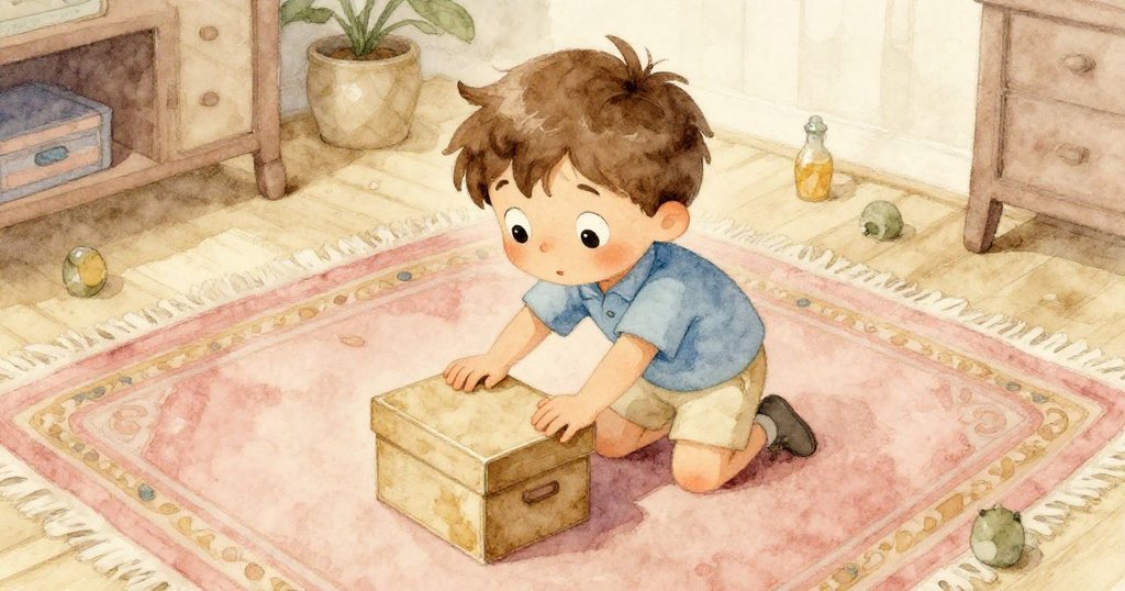 從高處俯瞰，米洛因手滑而努力開盒，神情驚訝又困惑，溫馨房間中地毯細膩呈現。