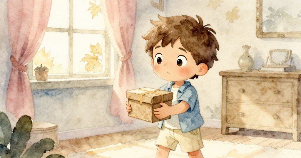 米洛在秋日溫暖光線中緊握盒子，窗外秋葉飛舞襯托出他堅定神情，房內氛圍舒適。