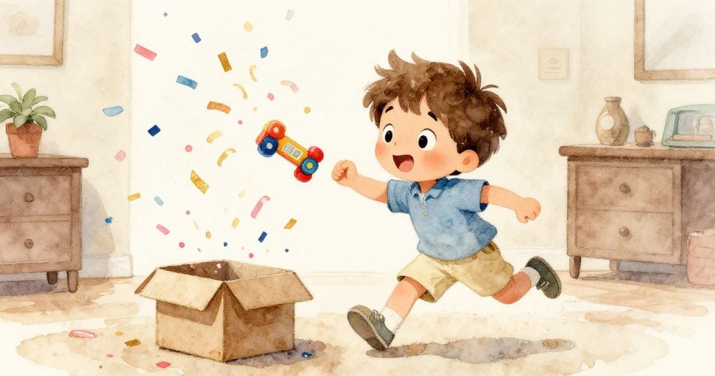 盒子突然爆出彩色紙屑和亮麗玩具，米洛興奮追逐，動感十足，充滿快樂與活力。