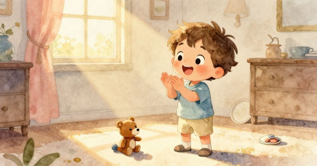 在金色夕陽映照下，米洛高興拍手並安置心愛玩具，背景中盒子蓋靜靜落下，結局溫馨感人。