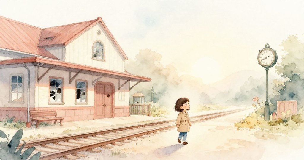 Mira輕步走入清晨破舊鐵路博物館庭院，神情充滿期待與好奇，展開探索之旅的開始。