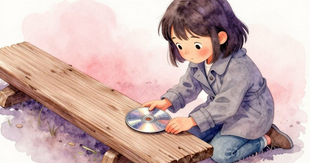 Mira伸手探查老舊木板凹縫，發現隱藏金屬圓盤與失落炭筆，神情專注探索舊物奧秘。