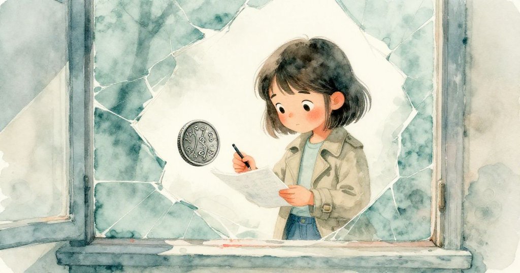 透過斑駁窗縫觀察Mira作畫，神情專注繪製神秘硬幣標記，展現探索發現的驚奇發展。