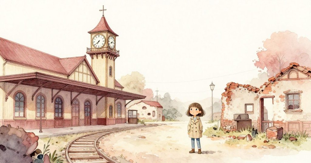 從高處俯瞰博物館庭院，Mira小身影映入古塔與時鐘間，呈現歷史魅力與探索發展。