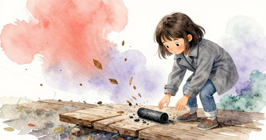 隨風落葉與炭筆在木板上形成動態軌跡，Mira迅速彎腰撿拾，展現緊張驚喜的高潮探索。