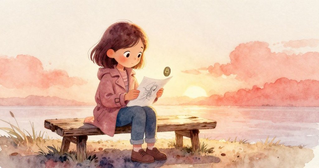 在夕陽餘暉下，Mira安坐木板旁，比對素描與神秘圓盤，臉上流露出溫暖滿足與靜謐結局。