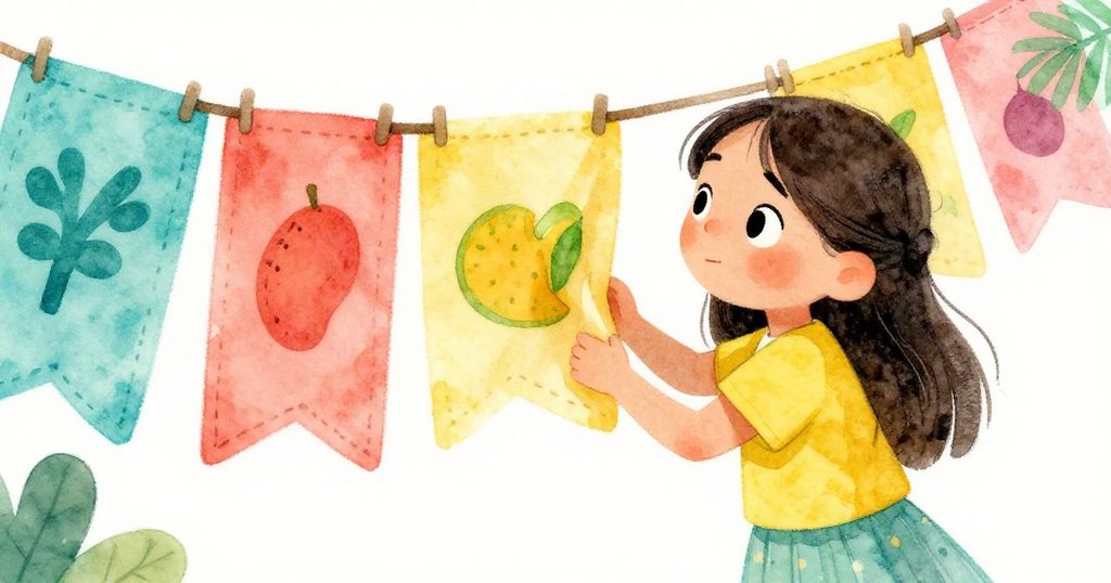 Maya專注檢查橫幅上手縫與彩繪細節,眼神專注,展現出努力與期待的情感。